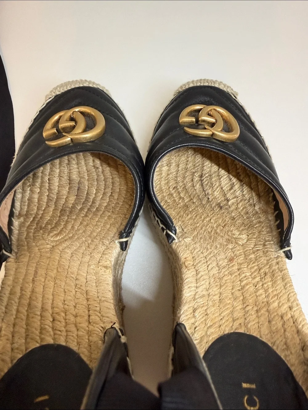 Gucci Black Leather GG Espadrille Wedges with Ribbon Ties
